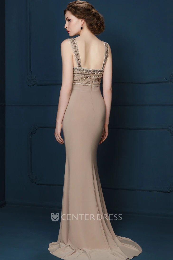 Sheath Floor-Length Beaded Sleeveless Strapped Jersey Evening Dress