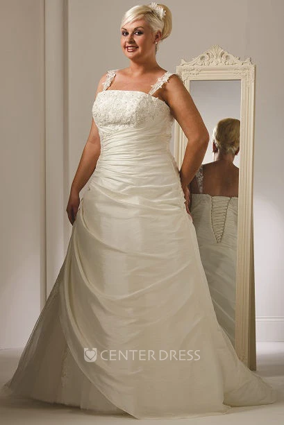 Appliqued Straps And Bodice Side Drape Bridal Gown With Lace Up