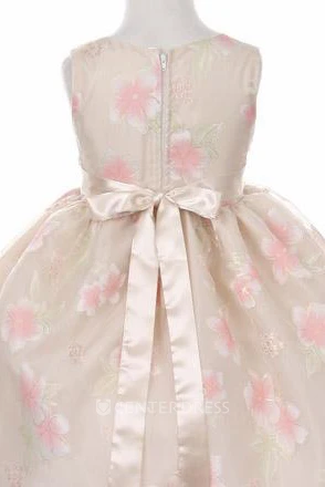 Tea-Length Tiered Organza&Satin Flower Girl Dress