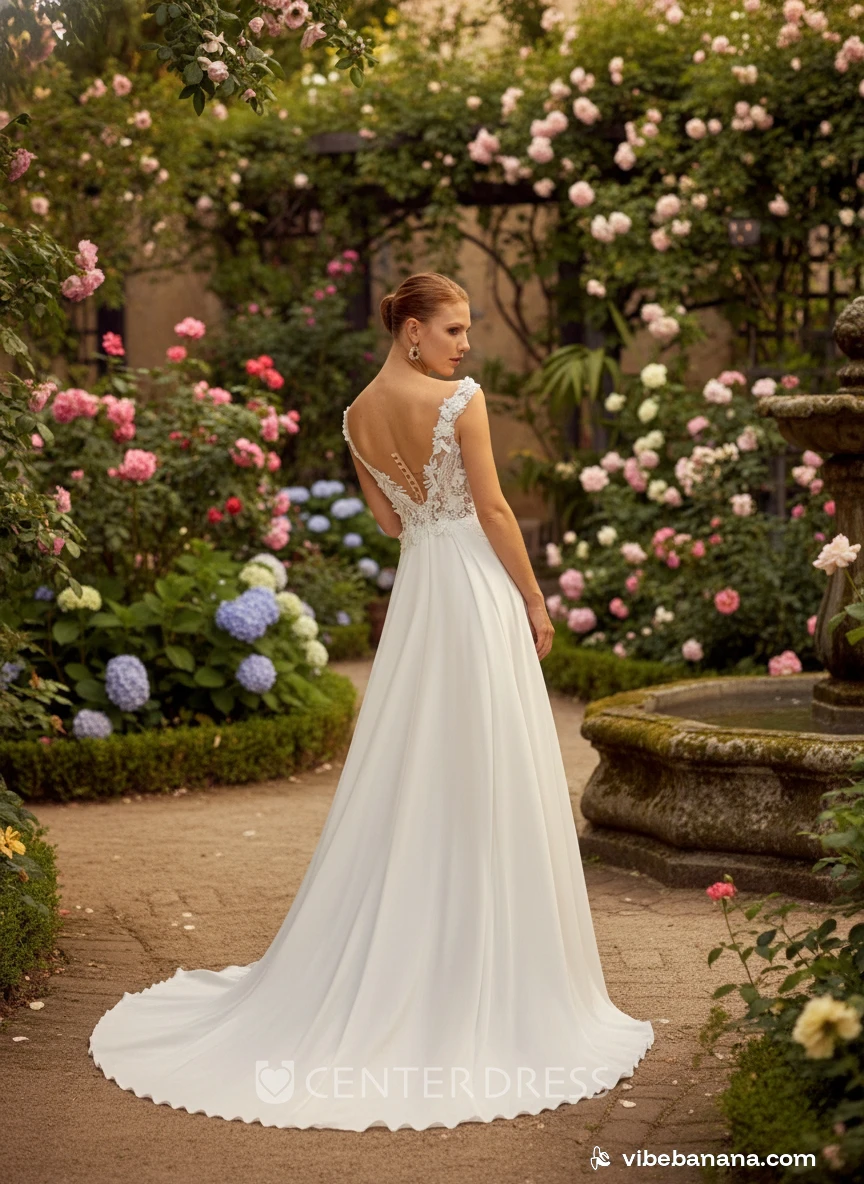 Romantic Lace A-Line Wedding Dress Casual Sleeveless V-Neck Illusion Bridal Gown