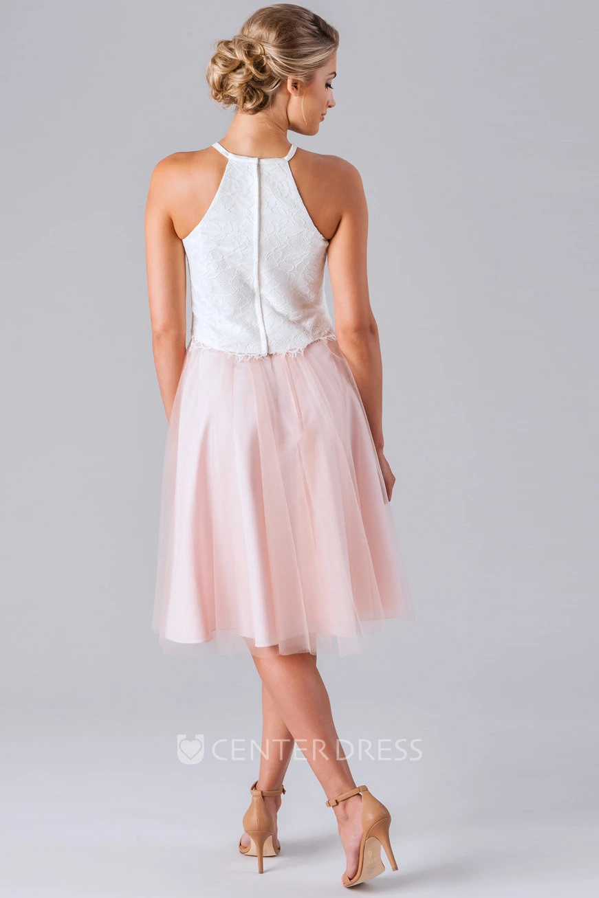 Short Lace Sleeveless Scoop Neck Tulle Bridesmaid Dress