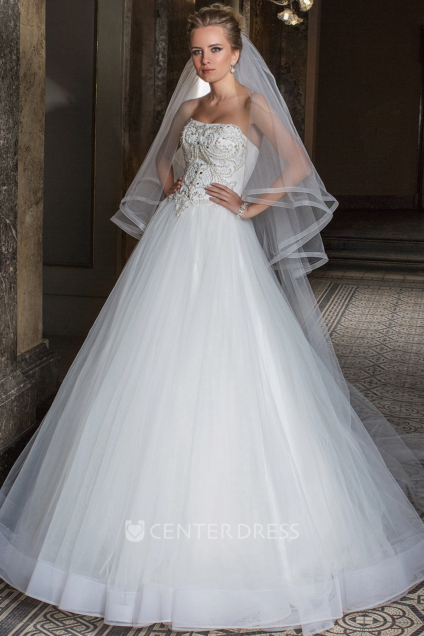 Floor-Length Strapless Beaded Tulle Wedding Dress With Pleats