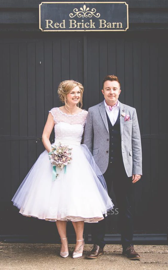 1950s A-Line Cap Sleeve Tea-Length Tulle Lace Spring Wedding Dress