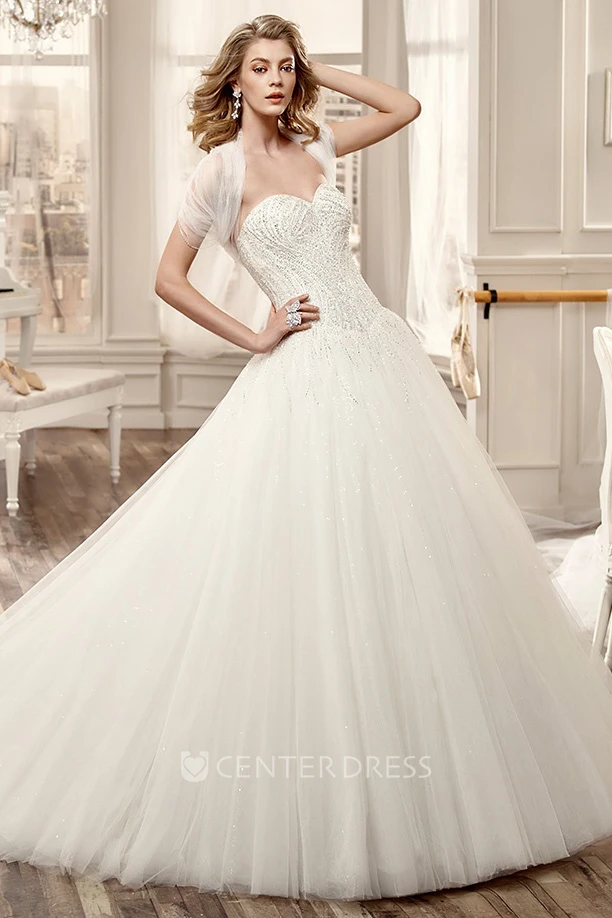 Sweetheart Beaded Long Wedding Dress With Ruching Tulle Skirt And Invert-V Waist