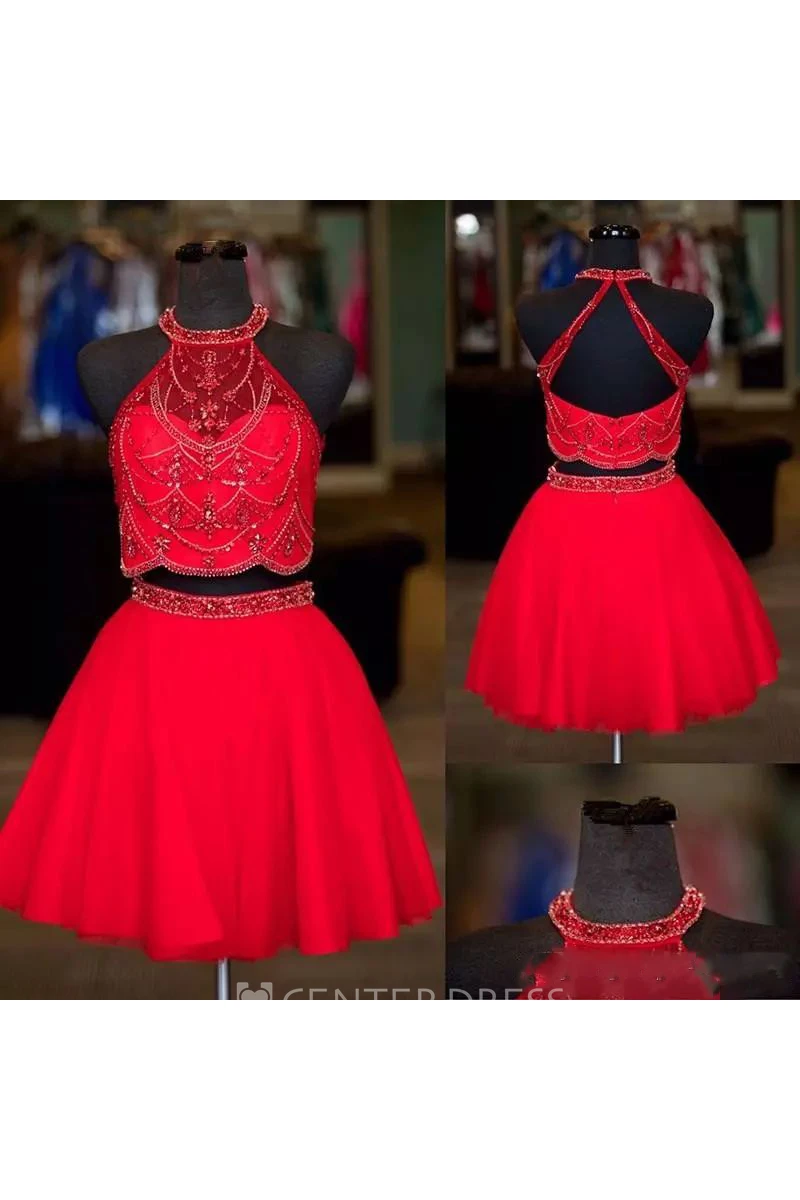Two Piece Short Mini Sleeveless Halter High Neck Beading Chiffon Homecoming Dress