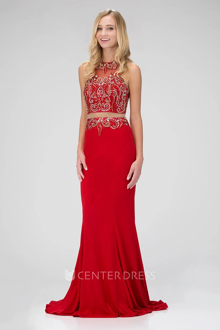 Two-Piece Sheath Long Scoop-Neck Sleeveless Jersey Zipper Dress With Beading