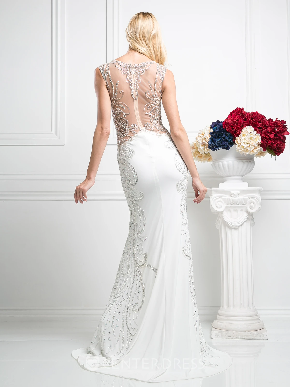 Sheath Long Bateau Sleeveless Jersey Illusion Dress With Beading