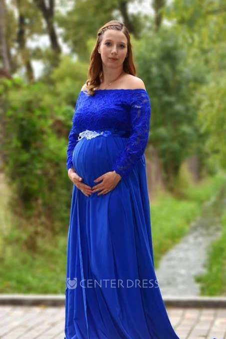 A-Line Sweep Brush Train Long Sleeve Empire Maternity Dress