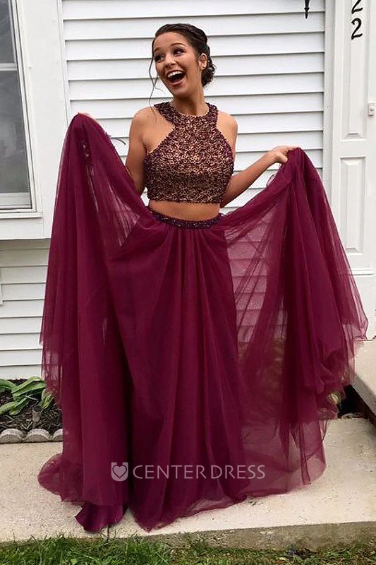 Sleeveless Floor-length A-Line Two Piece High Neck Chiffon Dress