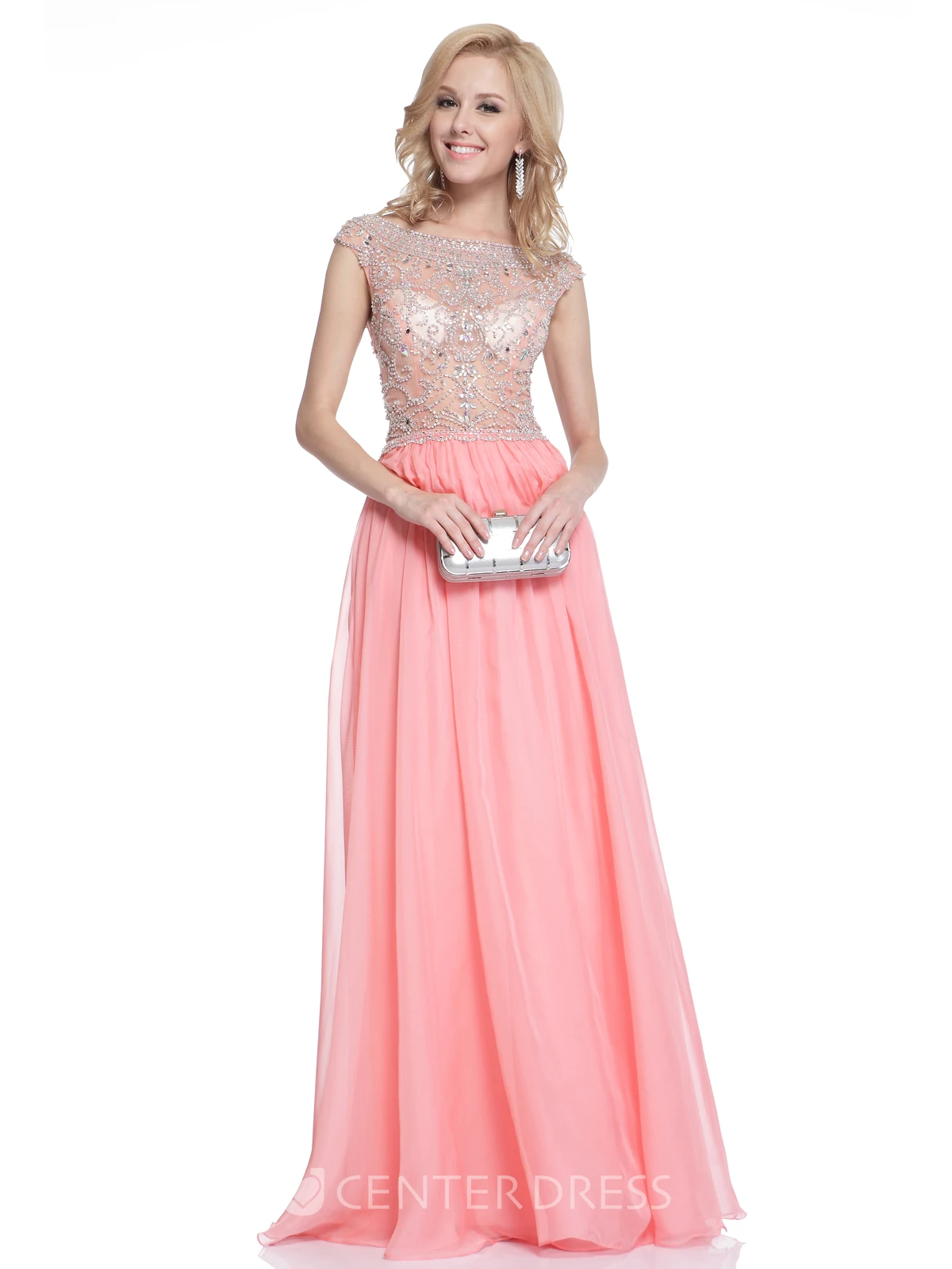 A-Line Bateau Cap-Sleeve Chiffon Illusion Dress With Beading And Pleats