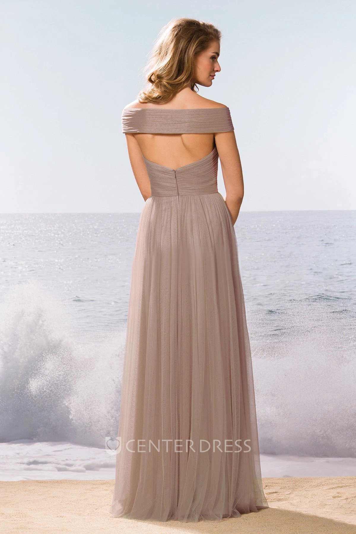 V-Neck Off-Shoulder A-Line Bridesmaid Dress With Pleats And Keyhole Back
