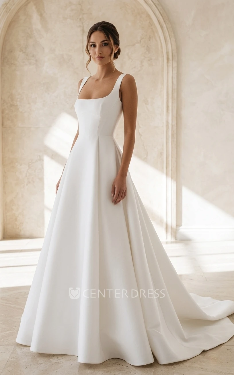 Simple Modest Square Neck Wedding Dress Sleeveless A-Line Satin Bridal Gown