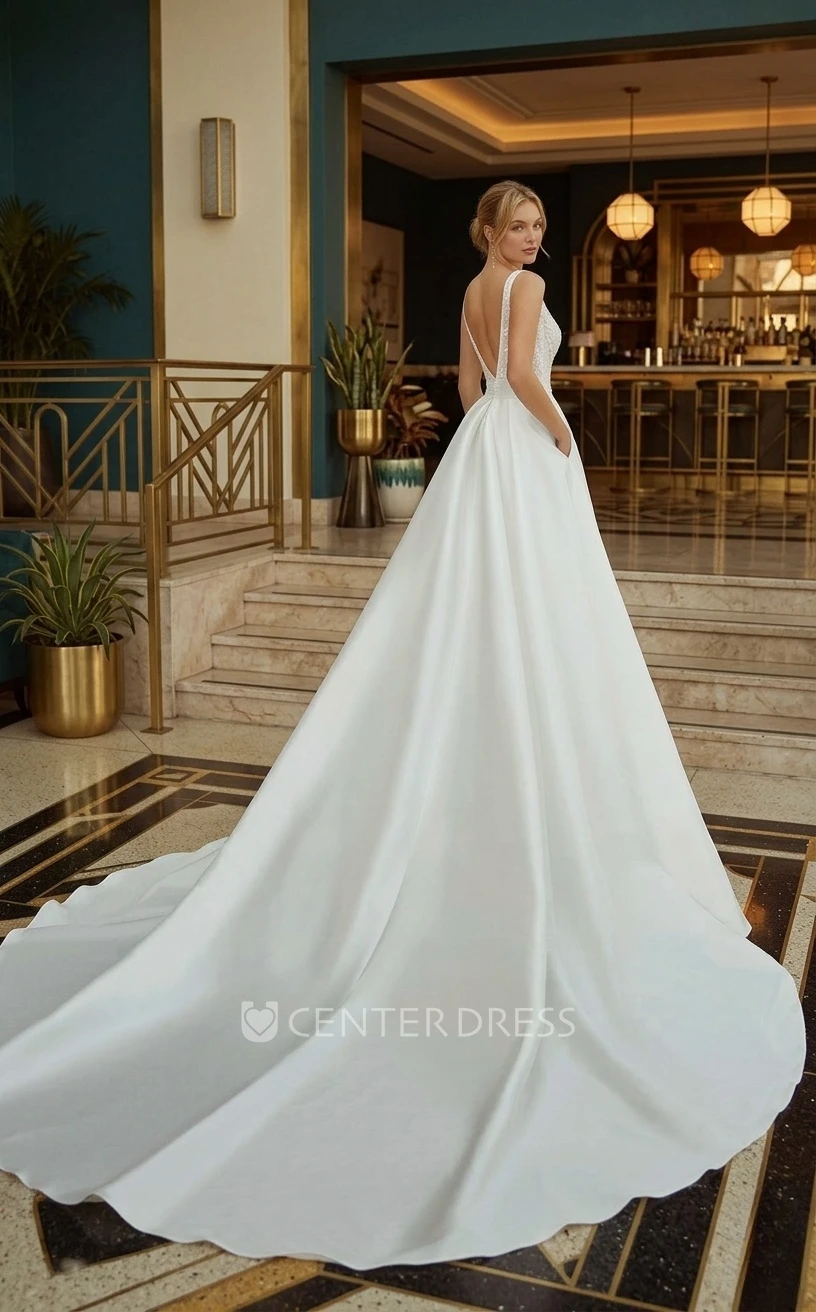 Unique Sexy A-Line Bohemian Lace Satin Spring Wedding Dress Chic Romantic Plunging Neckline Sleeveless Backless Beaded Bridal Gown with Pockets