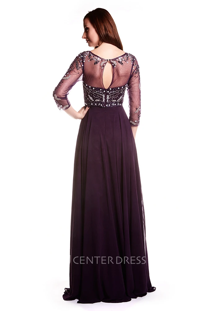 A-Line Floor-Length Bateau-Neck Beaded 3-4-Sleeve Chiffon Prom Dress With Pleats