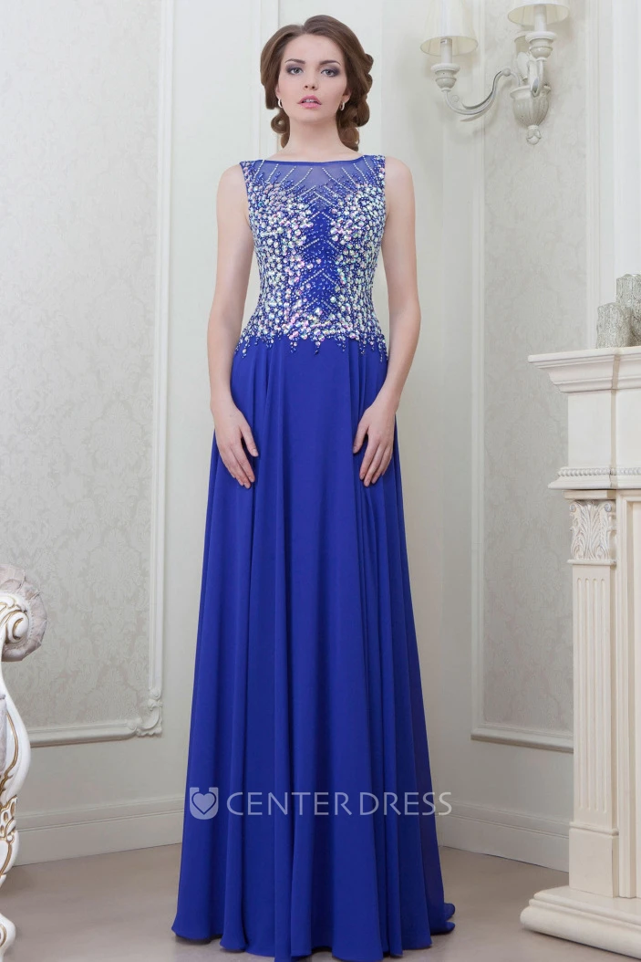 A-Line Sleeveless Long Crystal Bateau-Neck Chiffon Evening Dress With Pleats