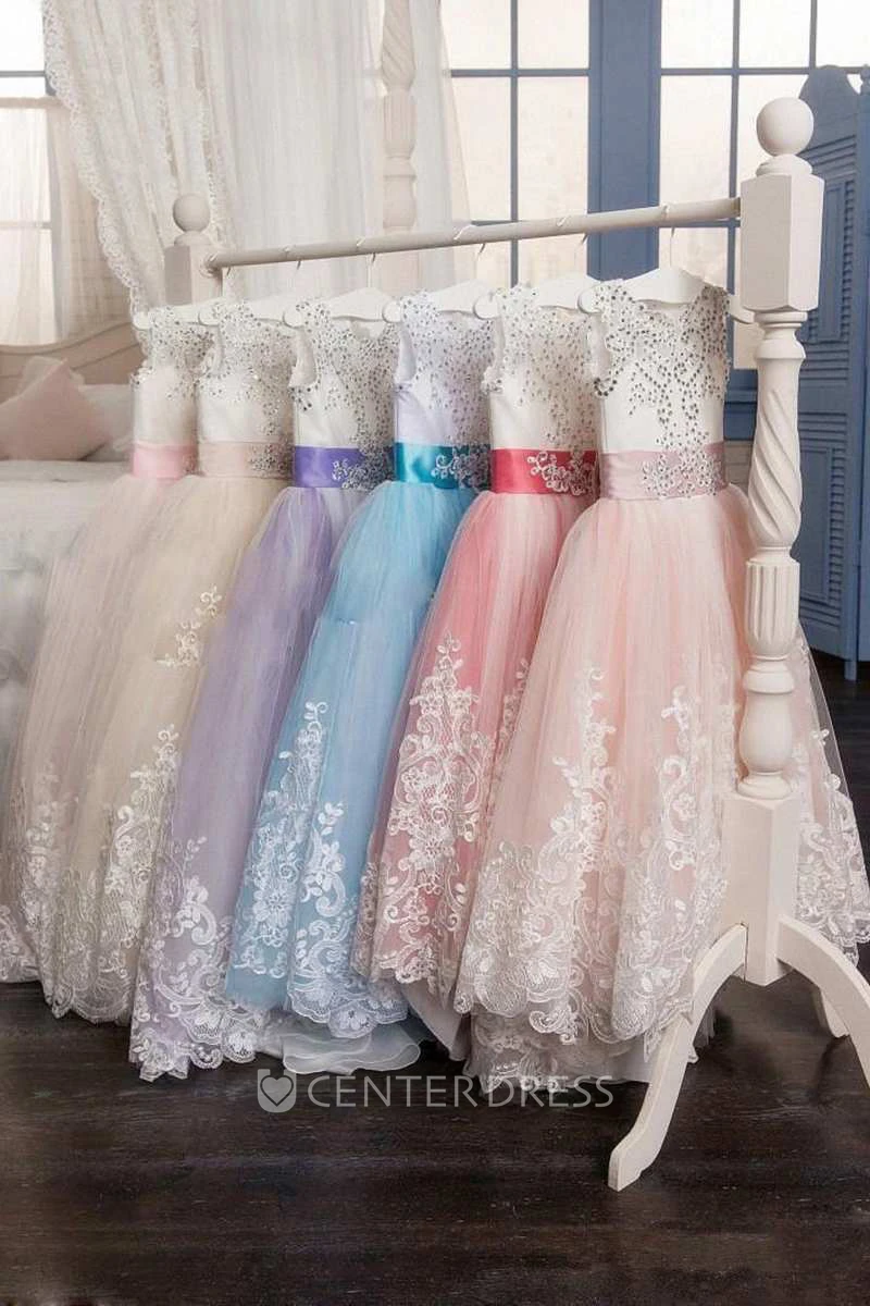 Ball Gown Floor-length Scoop Sleeveless Tulle Dress with Bow