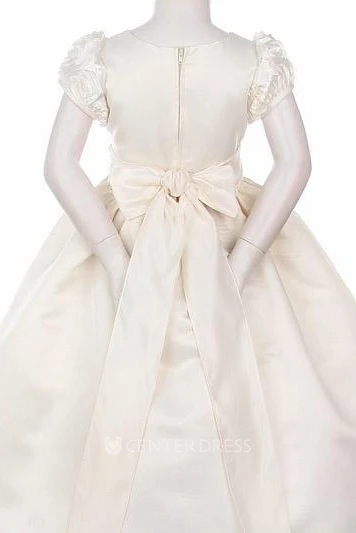 Tea-Length Split Cap-Sleeve Tiered Flower Girl Dress With Embroidery