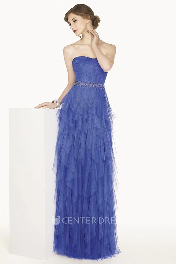 Strapless Tiered Tulle Long Prom Dress With Crystal Waist