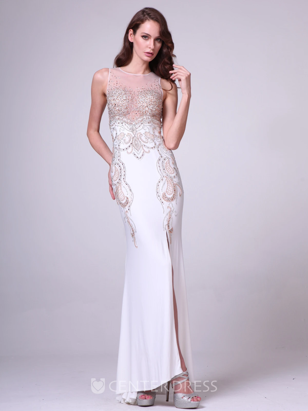 Sheath Scoop-Neck Sleeveless Jersey Keyhole Dress With Split Front And Beading