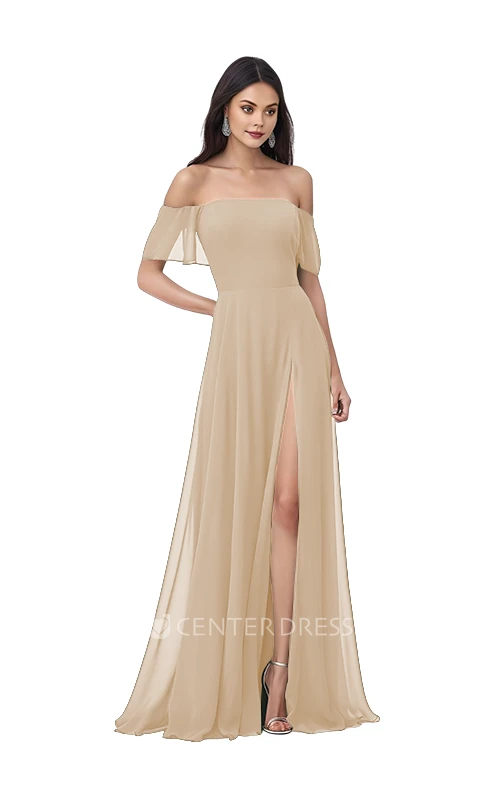 Bohemian Chiffon Off-Shoulder A-Line Bridesmaid Dress with Front Split Unique & Flowy