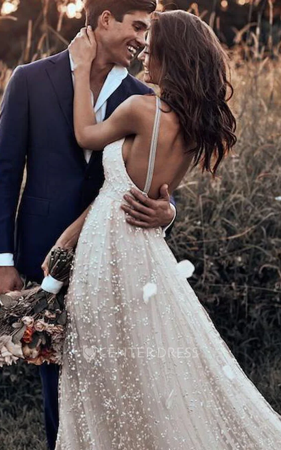 Vintage Bohemian A-Line V-Neck Lace Spring Wedding Dress Sexy Country Spaghetti Straps Sleeveless Bridal Gown