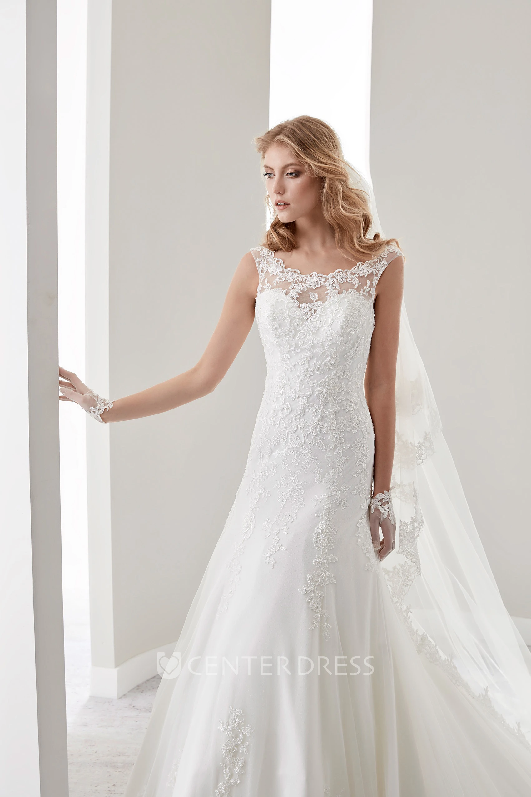 Scooped-Neck Brush-Train Lace Gown With Cap Sleeves And Illusive Neckline And Back