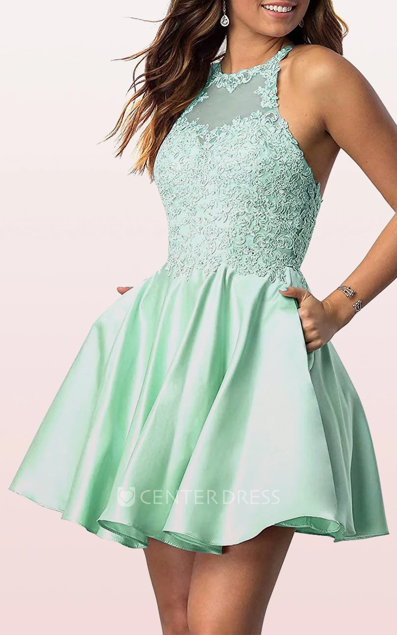 Adorable A Line Satin Lace Jewel Sleeveless Homecoming Dress with Pleats