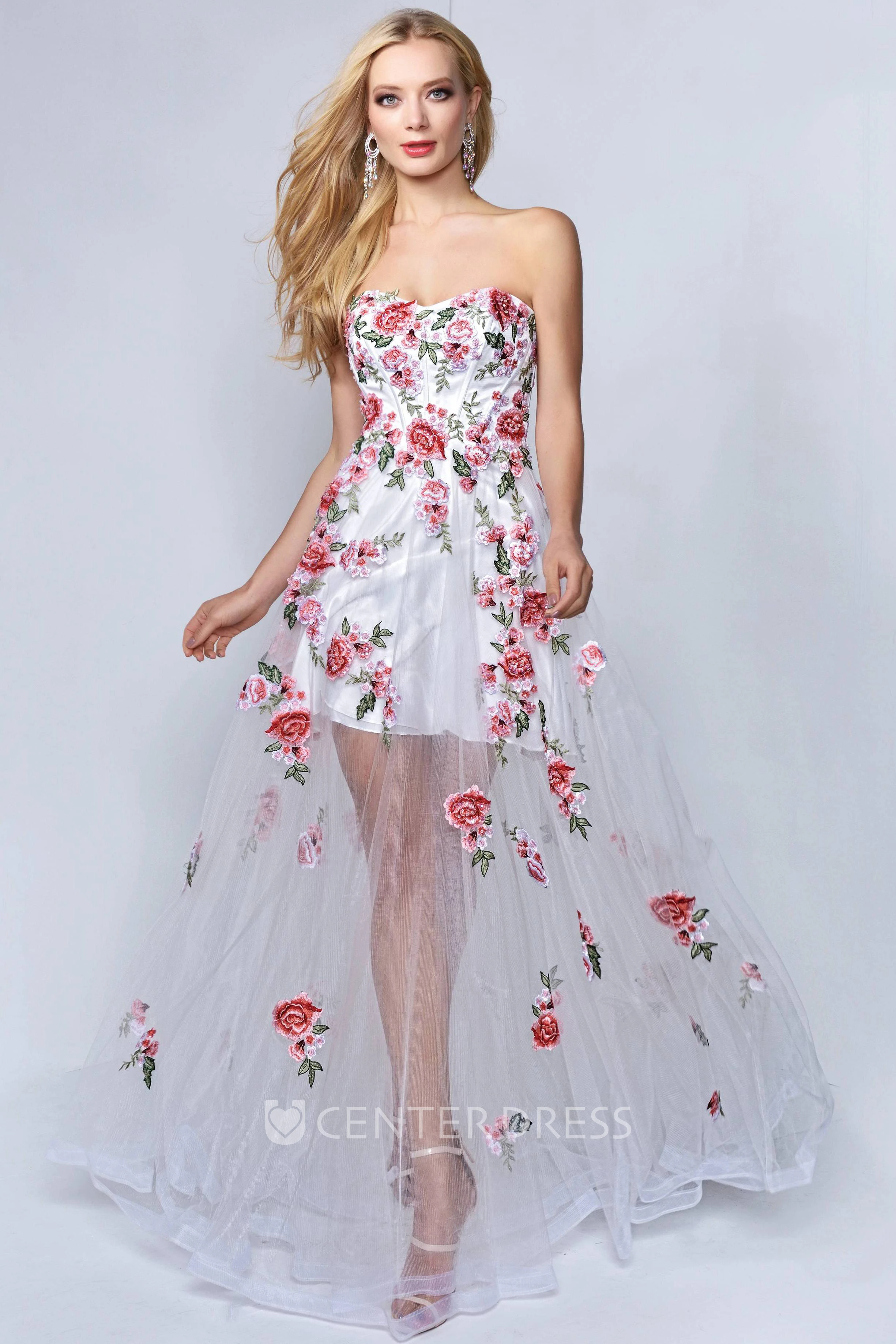 A-Line Strapless Sleeveless Tulle Backless Dress With Appliques And Flower
