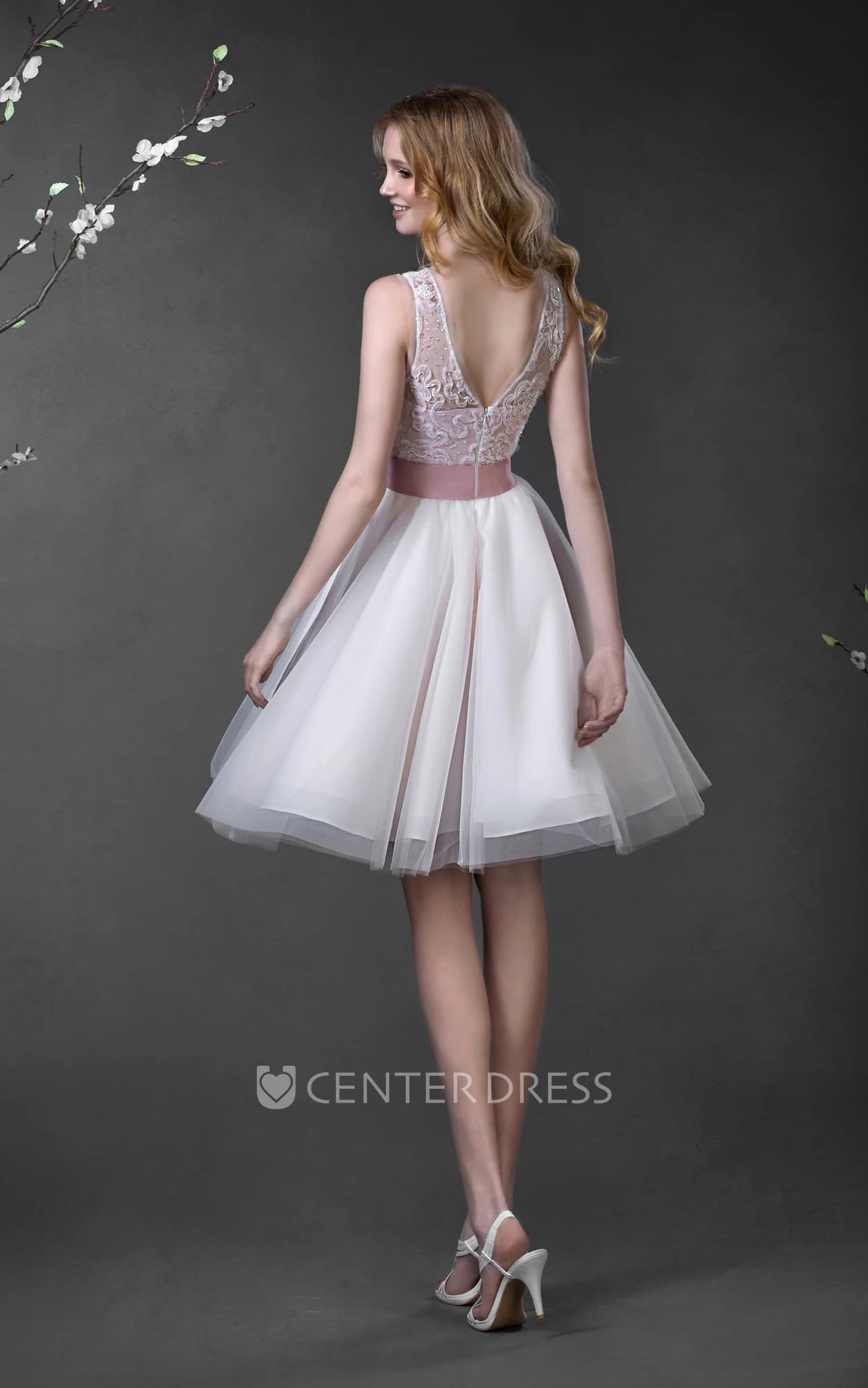 A-Line Mini Scoop Sleeveless Low-V-Back Lace Tulle Dress With Bow
