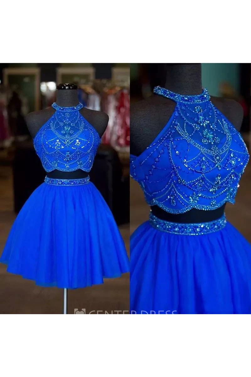 Two Piece Short Mini Sleeveless Halter High Neck Beading Chiffon Homecoming Dress