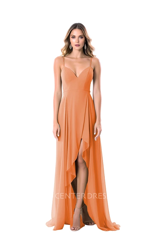 A-Line Chiffon Spaghetti V-neck Split Bridesmaid Dress Modern & Chic