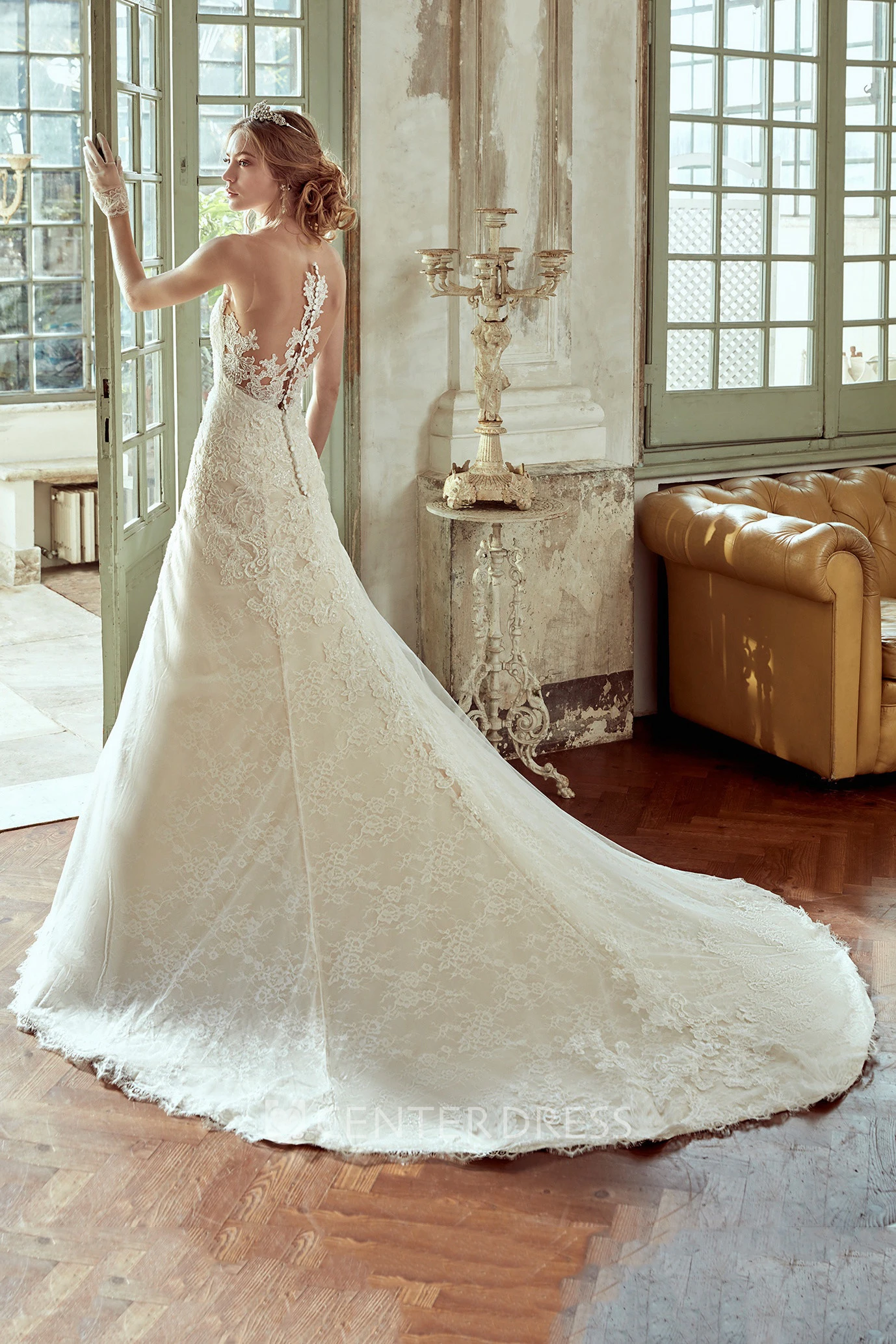 Strapless Lace Wedding Dress with Appliqued Bust and Brush Train 