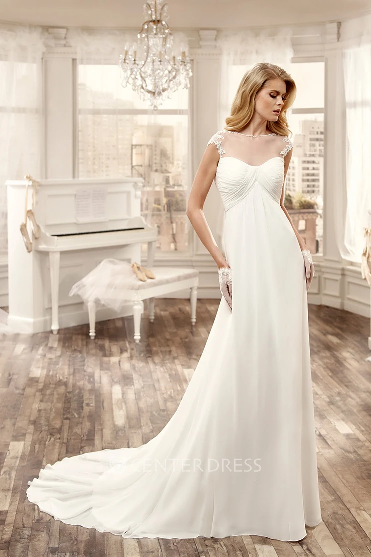 Cap-Sleeve Chiffon Long Wedding Dress With Pleated Bust And Brush Train