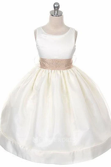 Tea-Length Beaded Sleeveless Organza&Satin Flower Girl Dress
