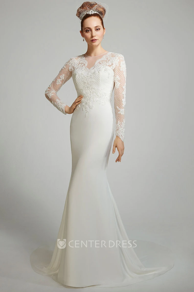 Sheath Long-Sleeve Scoop-Neck Floor-Length Chiffon Wedding Dress With Appliques And Illusion