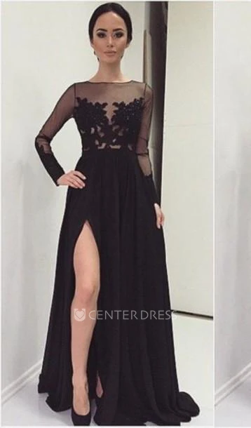 Sexy Lace Appliques Black Prom Dress Front Split Long Sleeve Illusion Sweep Train