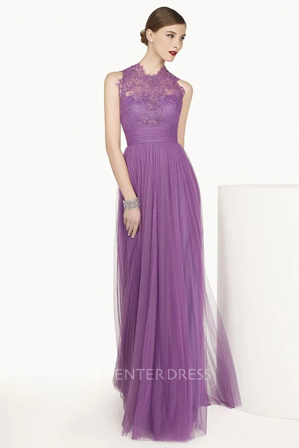 Lace High Neck Sleeveless A-Line Tulle Long Prom Dress With Bandage