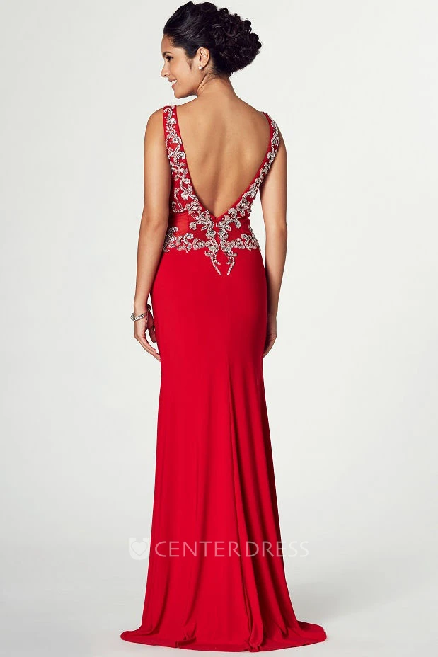 Maxi Appliqued Sleeveless V-Neck Jersey Prom Dress With Split Front