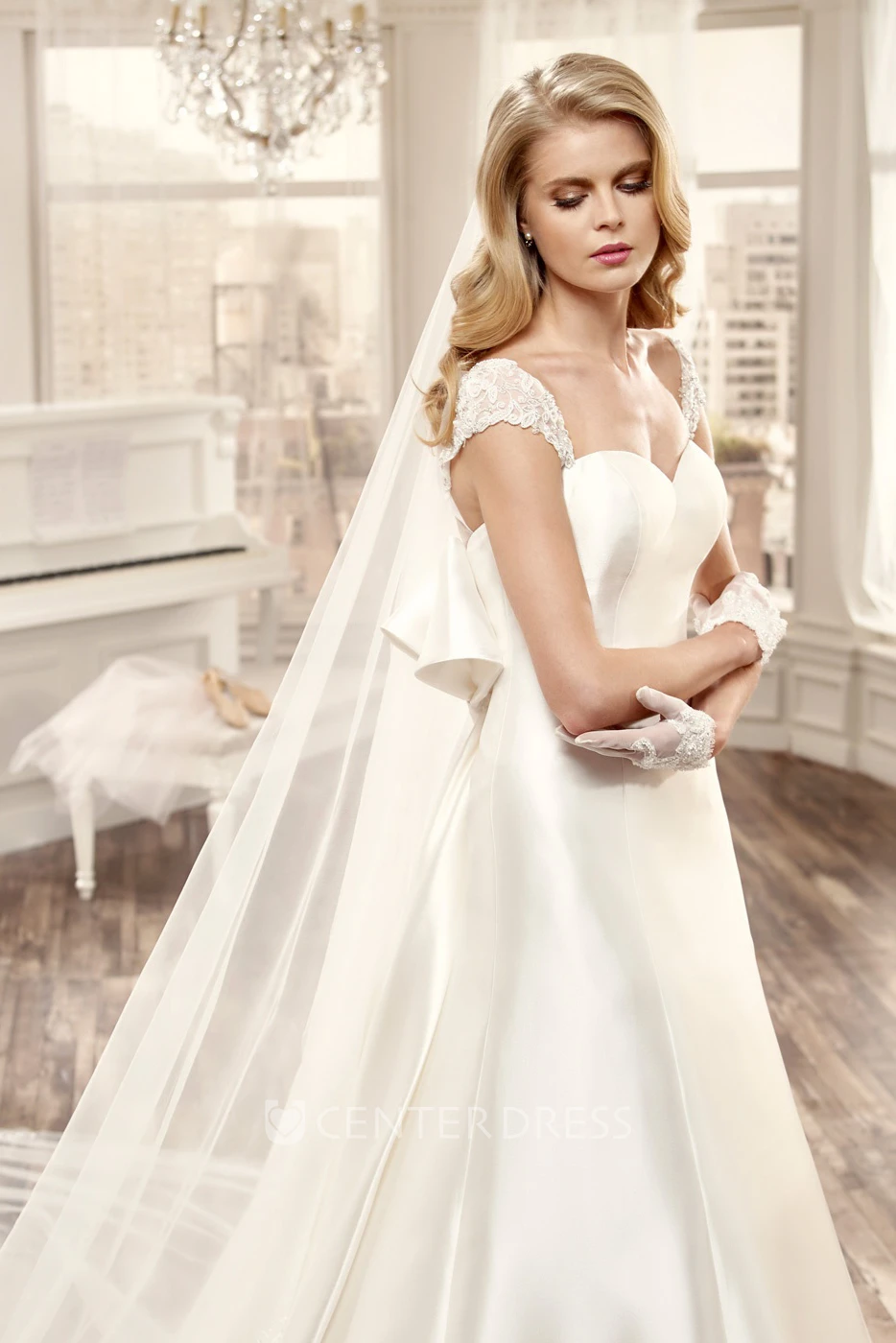 Sweetheart Cap-Sleeve Long Wedding Dress With Large Back Bow And Brush Train
