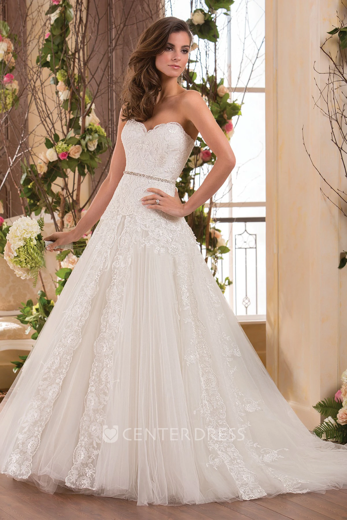 Sweetheart A-Line Gown With Appliques And Sequined Waistline