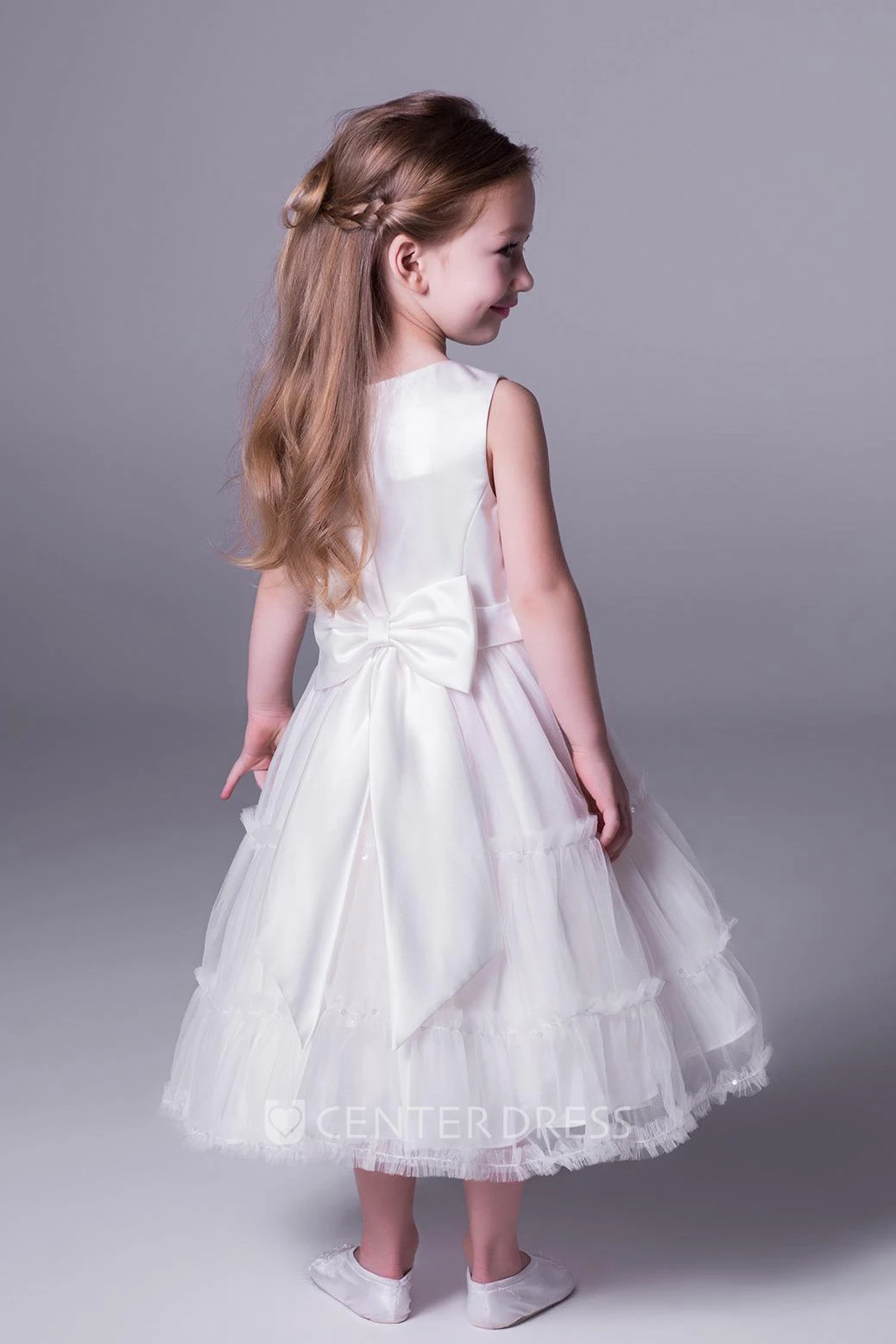 A-Line Tea-Length Scoop-Neck Bowed Sleeveless Satin Flower Girl Dress With Ruffles