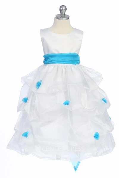 Tea-Length Ruched Organza&Satin Flower Girl Dress