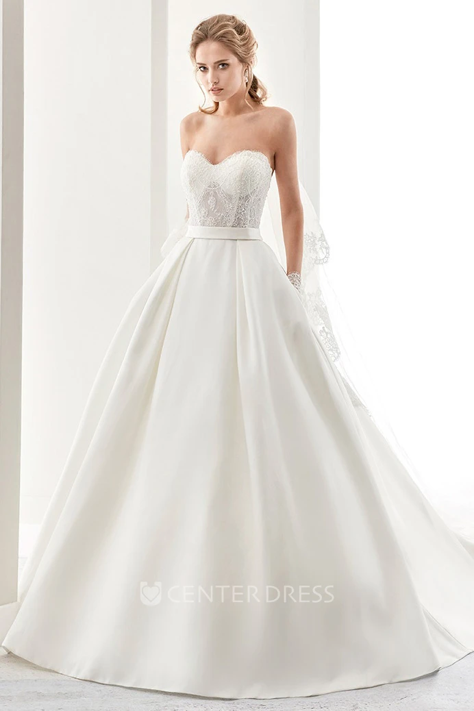 Sweetheart A-Line Satin Wedding Dress With Lace Bodice And Back Bow