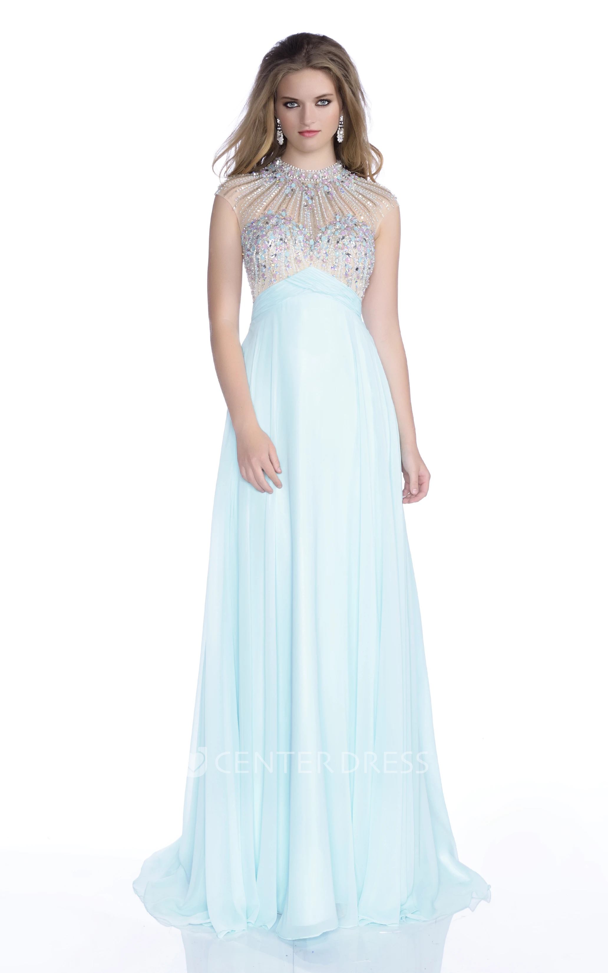 Sophisticated Cap Sleeve Chiffon Prom Dress With Bling Rhinestones Bust