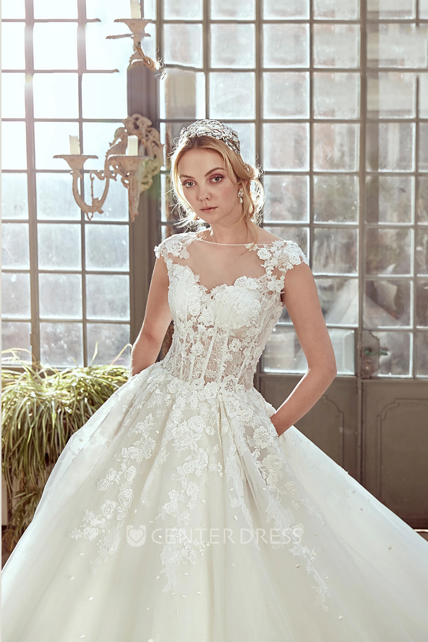 Cap-Sleeve Wedding Dress with Pleated Tulle Skirt and Lace Corset