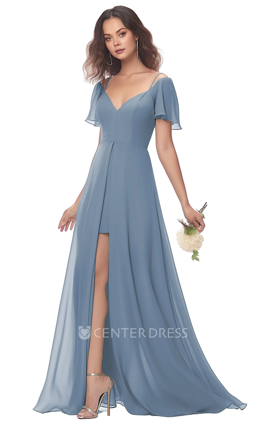 A-Line Chiffon V-neck Split Bridesmaid Dress Modest & Unique