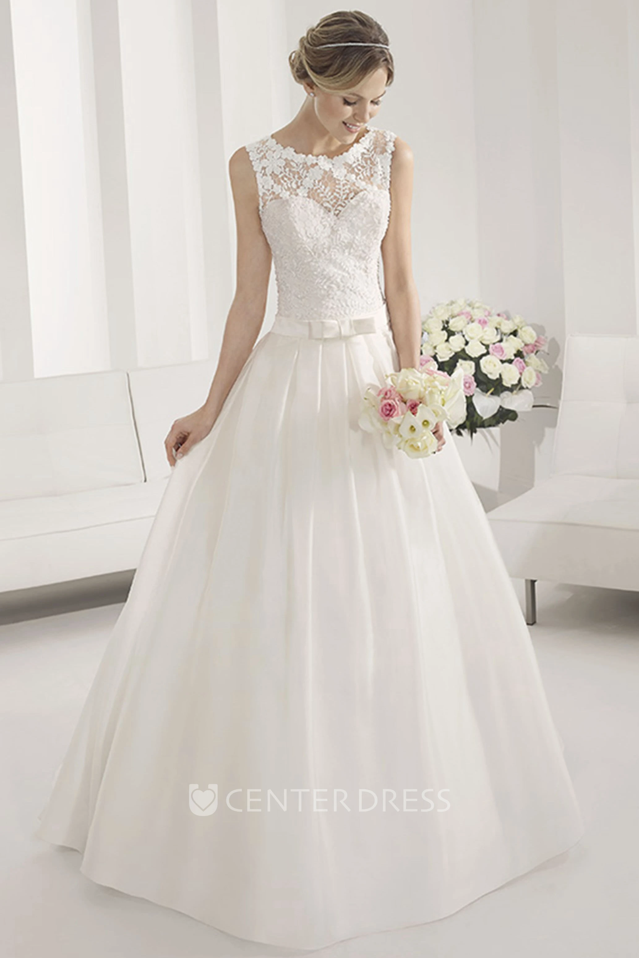 Appliqued Floral Scoop Neck A-line Taffeta Wedding Gown