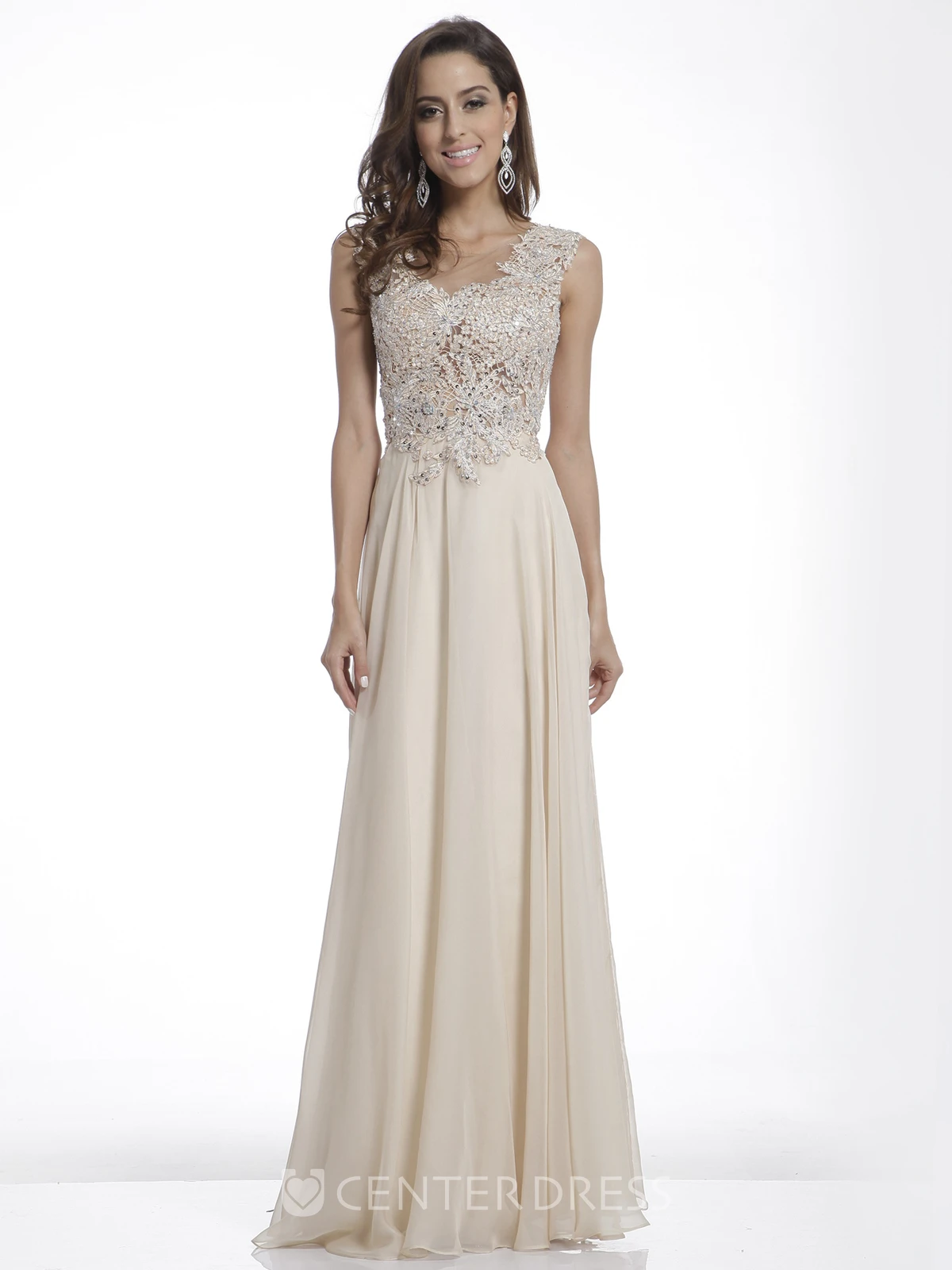 A-Line Scoop-Neck Sleeveless Chiffon Dress With Appliques And Pleats