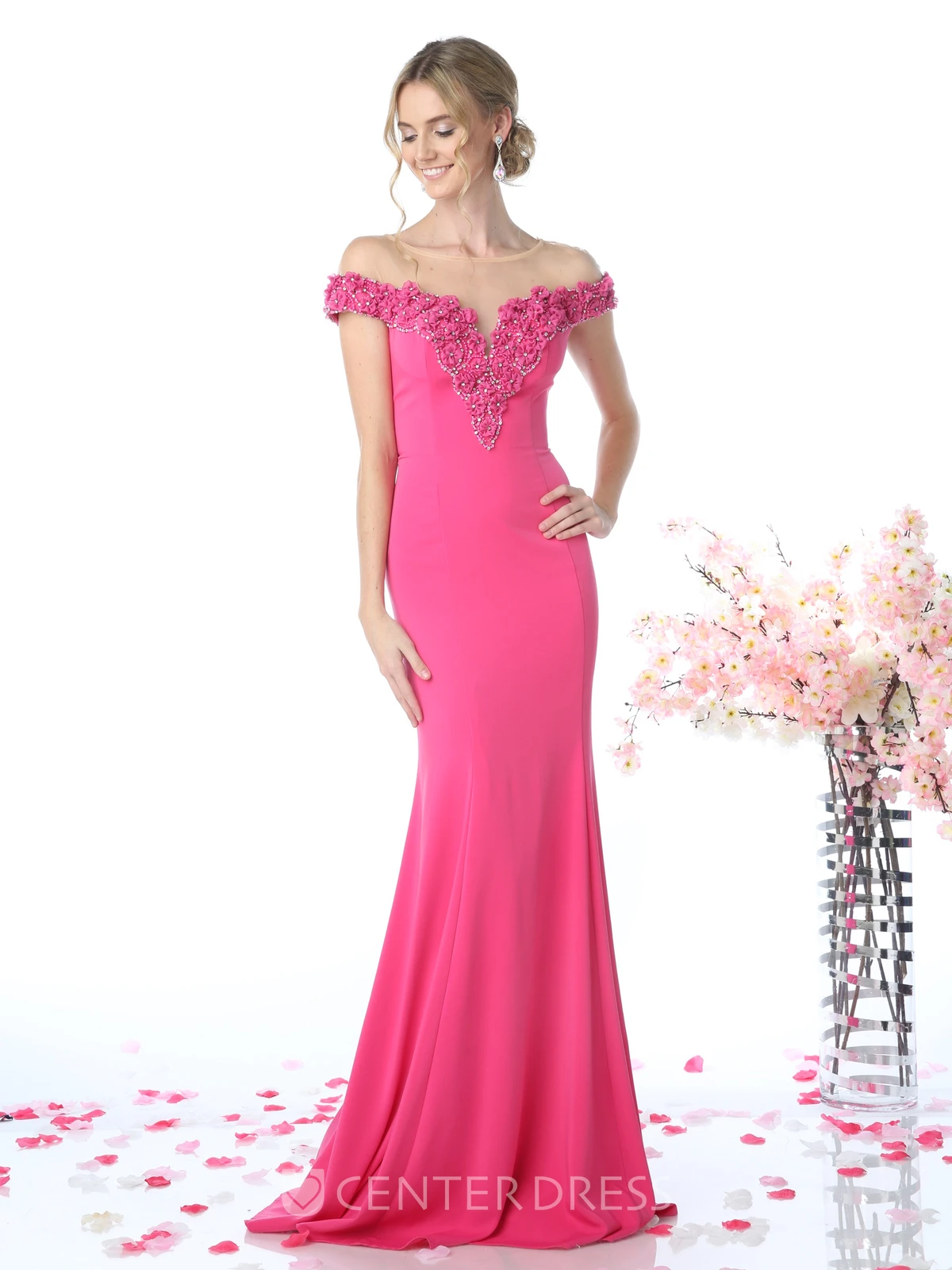Sheath Floor-Length Off-The-Shoulder Jersey Illusion Dress With Flower