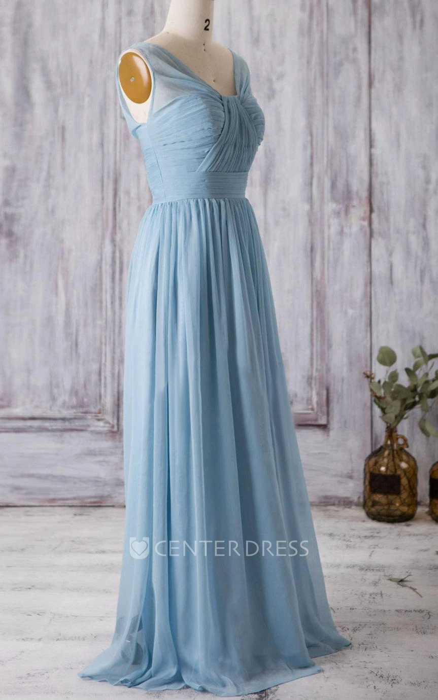 V Neck A-line Pleated Chiffon Floor Length Dress With Bandage